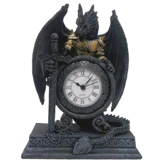 Fantasy stolové hodiny - Dračí ochranca času s mečom